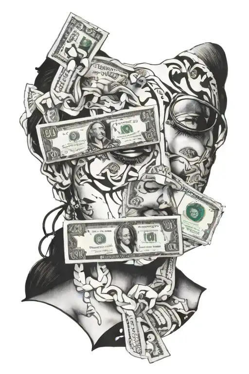 female with 100 dollar bill covering her eyes tattoo design idea