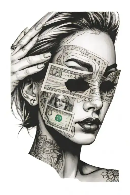 Female face with a 100 dollar bill bandage covering her eyes tattoo design idea