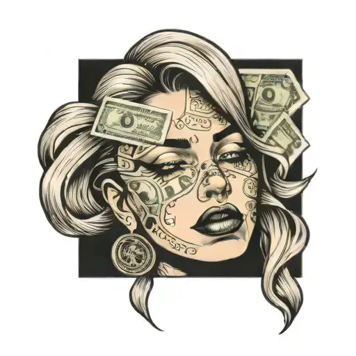Female face with a single 100 dollar bill covering her eyes tattoo design idea