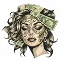 Female face with a single 100 dollar bill covering her eyes tattoo design idea