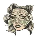 Female face with a single 100 dollar bill covering her eyes tattoo design idea