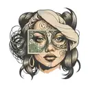 Female face with a single 100 dollar bill covering her eyes tattoo design idea