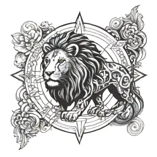 A cosmic mandala incorporating elements of AYRA & VEDH's music career, with a hidden lion symbolizing Leo tattoo design idea