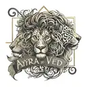 An abstract representation of the AYRA & VEDH logo combined with a lion head, reflecting the client's passion for both music and LEO zodiac sign tattoo design idea
