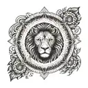 A cosmic mandala incorporating elements of AYRA & VEDH's music career, with a hidden lion symbolizing Leo tattoo design idea