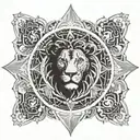 A cosmic mandala incorporating elements of AYRA & VEDH's music career, with a hidden lion symbolizing Leo tattoo design idea