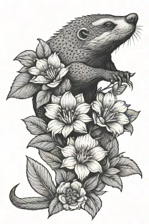honey badger flowers tattoo design idea