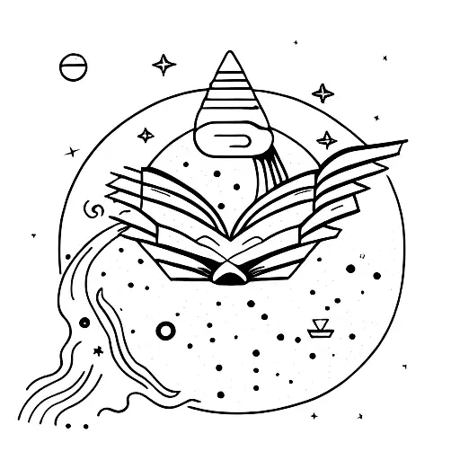 one man flying on a opened book through the galaxy tattoo design idea