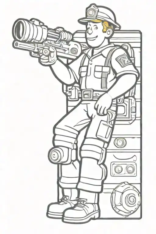 fallout 4 vault boy dressed as a firefighter riding on a vault tec van that looks like a fire truck  tattoo design idea