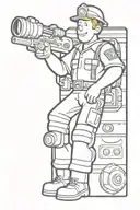 fallout 4 vault boy dressed as a firefighter riding on a vault tec van that looks like a fire truck  tattoo design idea