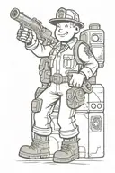 fallout 4 vault boy dressed as a firefighter riding on a vault tec van that looks like a fire truck  tattoo design idea