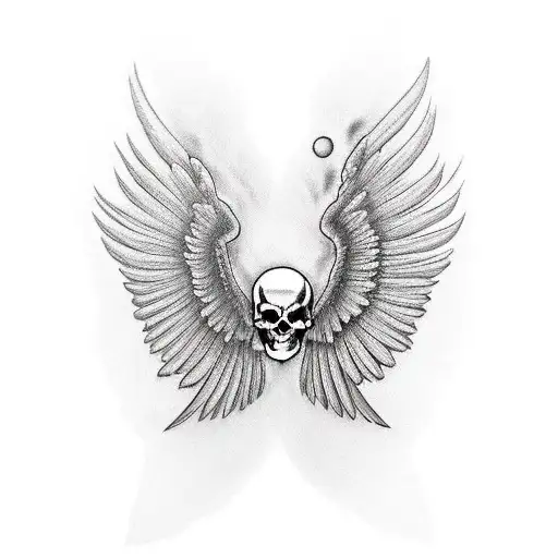 black wing and white wing on forearm in opposite sides. in the empty space between wings there is a skull faded  tattoo design idea