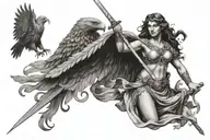 A unique design combining Georgian and Greek motifs, such as a belligerent goddess woman wielding a sword with an eagle  tattoo design idea