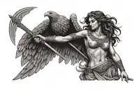 A unique design combining Georgian and Greek motifs, such as a belligerent goddess woman wielding a sword with an eagle  tattoo design idea