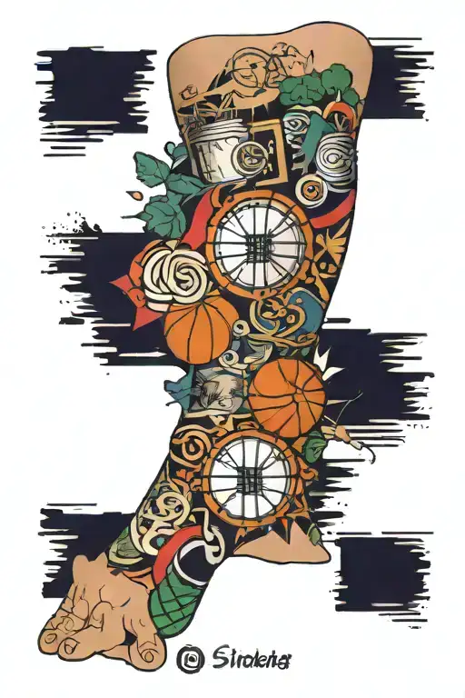 patchwork forearm sleeve with navy related; basketball; celtics logo; a womans eyes; a bowl of ramen; me and dad hiking; tattoo design idea