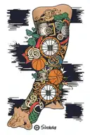 patchwork forearm sleeve with navy related; basketball; celtics logo; a womans eyes; a bowl of ramen; me and dad hiking; tattoo design idea