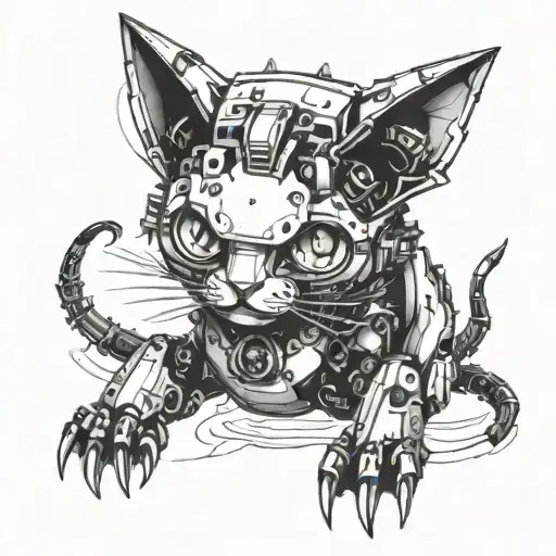 A robotic cat with mechanical details inspired by anime and manga tattoo design idea