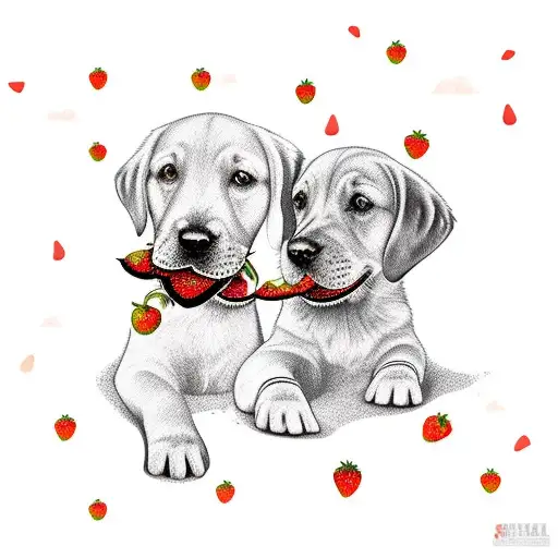 Golden lab biting strawberry on beach tattoo design idea