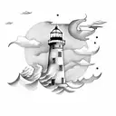 Lighthouse in storm with ships tattoo design idea