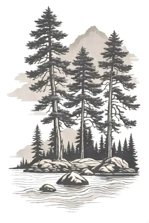 three Douglas fir trees stand next to a river flowing. The river flows between the trees two one side, one on the other. tattoo design idea