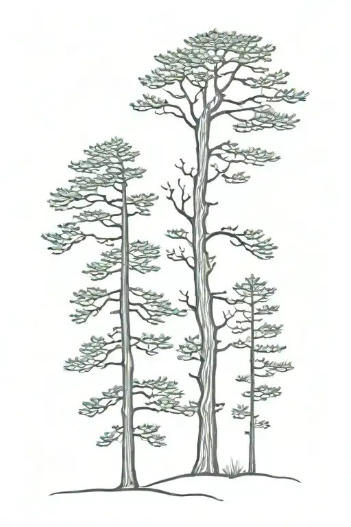Three Douglas fir trees stand next to each other. silhouette tattoo design idea