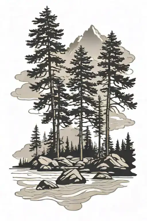 three Douglas fir trees stand next to a river flowing. The river flows between the trees two one side, one on the other. tattoo design idea