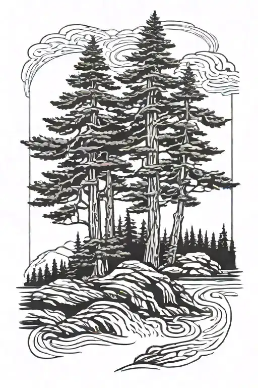 three Douglas fir trees standing next to a river flowing. The river flows at the bottom of the imahe.  tattoo design idea