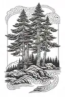 three Douglas fir trees standing next to a river flowing. The river flows at the bottom of the imahe.  tattoo design idea