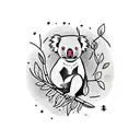 A unique composition showcasing a koala peacefully sitting on a branch, surrounded by musical instruments and symbols of praise and worship tattoo design idea