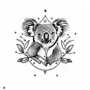 A unique composition showcasing a koala peacefully sitting on a branch, surrounded by musical instruments and symbols of praise and worship tattoo design idea