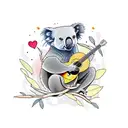 A unique composition showcasing a koala peacefully sitting on a branch, surrounded by musical instruments and symbols of praise and worship tattoo design idea