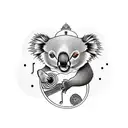 A unique composition showcasing a koala peacefully sitting on a branch, surrounded by musical instruments and symbols of praise and worship tattoo design idea