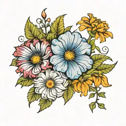 Neo-Traditional "Aster, Morning Glory, Chrysantheum, Marigolds, And Orange Cosmo Flower" Tattoo Design Idea tattoo design idea