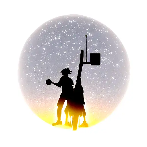 A basketball player silhouette in a moonlit night, with a jazz musician playing in the background tattoo design idea