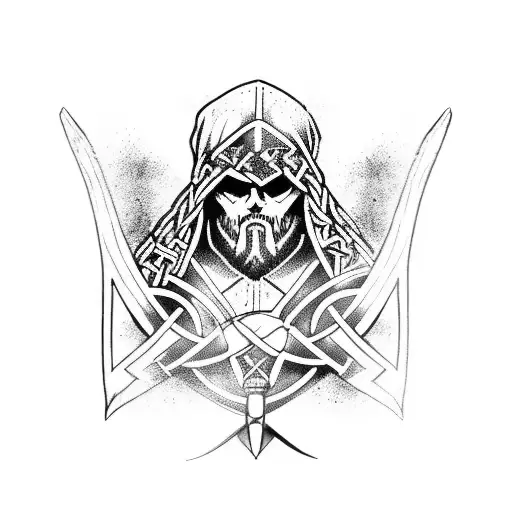 witches knot with assassins creed destiny 2 and Viking inspirations tattoo design idea