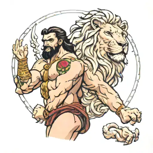 A tattoo model in which Hercules rules over the lion tattoo design idea