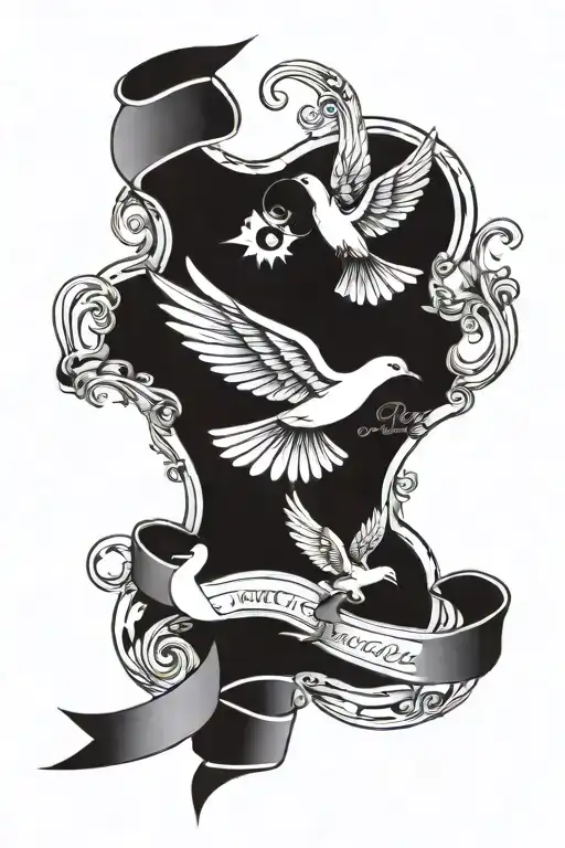 paper scroll with names and birthdates with sunrays and doves flying out tattoo design idea