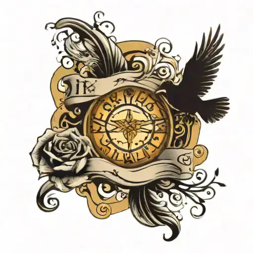 names with dates on scroll with sun rays and dove flying tattoo design idea