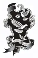 paper scroll with names and birthdates with sunrays and doves flying out tattoo design idea