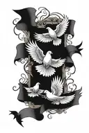 paper scroll with names and birthdates with sunrays and doves flying out tattoo design idea