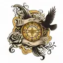 names with dates on scroll with sun rays and dove flying tattoo design idea