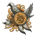 names with dates on scroll with sun rays and dove flying tattoo design idea