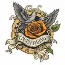 names with dates on scroll with sun rays and dove flying tattoo design idea