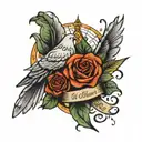 names with dates on scroll with sun rays and dove flying tattoo design idea