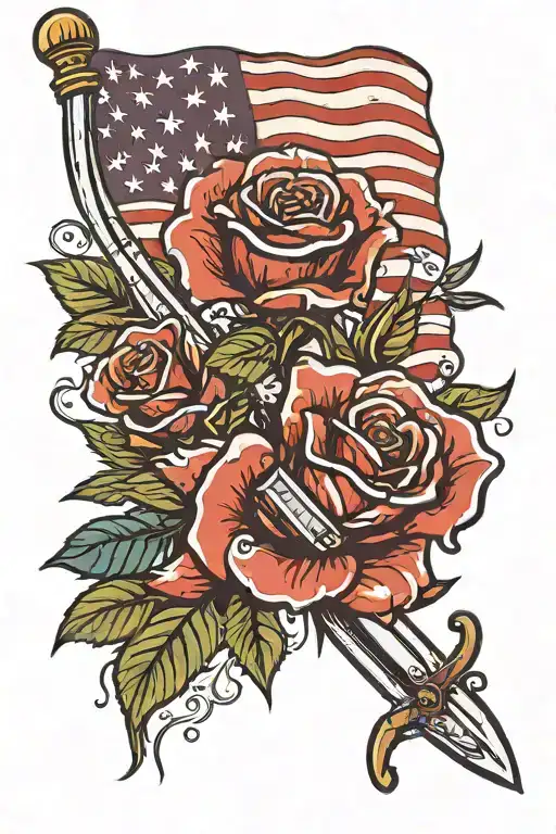 roses USA flag with marines commando dagger combined tattoo design idea
