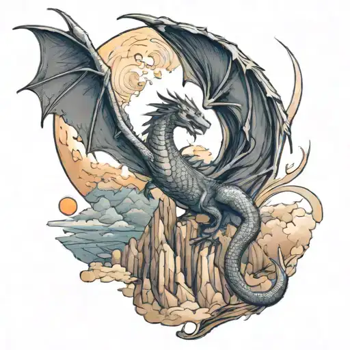 A majestic dragon soaring over a mountain range with a sailor moon inspired crescent moon in the background tattoo design idea