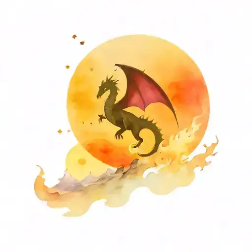 A majestic dragon soaring over a mountain range with a sailor moon inspired crescent moon in the background tattoo design idea