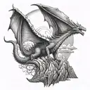 A majestic dragon soaring over a mountain range with a sailor moon inspired crescent moon in the background tattoo design idea