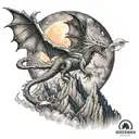 A majestic dragon soaring over a mountain range with a sailor moon inspired crescent moon in the background tattoo design idea