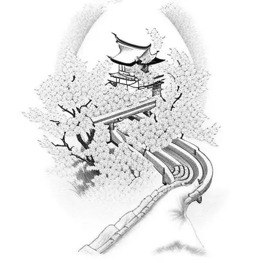 Incorporate your passion for walking and oriental Japanese style by creating a tattoo of a serene geisha gracefully walking on a traditional Japanese bridge, surrounded by delicate cherry blossom petals. tattoo design idea